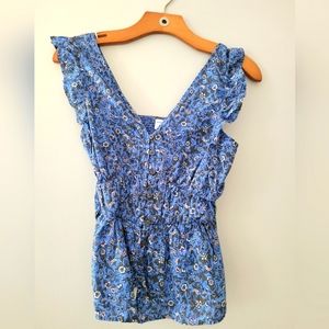 Old Navy blue floral, ruffle sleeve, button front tank